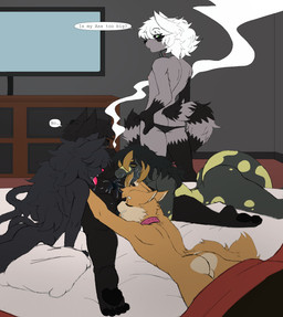 anal anthro anus bed bedroom bedroom_sex black_anus black_body black_fur black_hair bodily_fluids breasts butt cigar cigar_in_mouth clothed clothing collaborative collaborative_rimming collaborative_sex collar detailed_background dialogue electronics eye_through_hair eyebrow_through_hair eyebrows feet female female_anthro foursome fur furniture green_body green_eyes green_scales grey_body grey_fur group group_sex hair highlights_(coloring) inside looking_pleasured male male/male male_anthro markings nude nude_anthro nude_male object_in_mouth oral orange_body orange_fur orange_hair panties plantigrade rimming saliva saliva_on_anus scales sex small_breasts smoke smoking smoking_cigar speech_bubble striped_markings striped_tail stripes tail tail_markings television text toes translucent translucent_hair underwear underwear_only white_hair worship butcher_pal adam_manchester pri victoria_manchester canid canine canis domestic_cat felid feline felis fox hybrid lizard mammal monitor_lizard procyonid raccoon reptile scalie wolf 2025 colored digital_drawing_(artwork) digital_media_(artwork) english_text hi_res daughter_(lore) father_(lore) father_and_child_(lore) father_and_daughter_(lore) incest_(lore) parent_(lore) parent_and_child_(lore) parent_and_daughter_(lore) trans_(lore) trans_man_(lore)