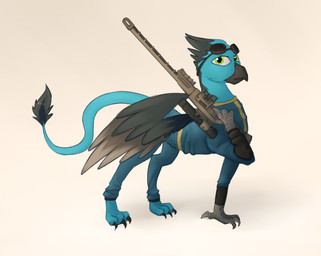 beak clothing eyewear feathered_wings feathers feral goggles gun holding_gun holding_object holding_ranged_weapon holding_weapon jumpsuit male ranged_weapon rifle simple_background sniper sniper_rifle solo tail vault_suit weapon white_background wings marsminer fallout hasbro microsoft my_little_pony mythology fan_character avian gryphon mythological_avian mythological_creature 2016 hi_res