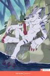 animal_genitalia animal_penis balls big_toes canine_genitalia canine_penis claws ear_piercing ear_ring erection feet genitals knot looking_at_viewer male nude penis piercing ring_piercing scar sheath solo toes water aledonrex bandai_namco digimon canid canine digimon_(species) mammal weregarurumon