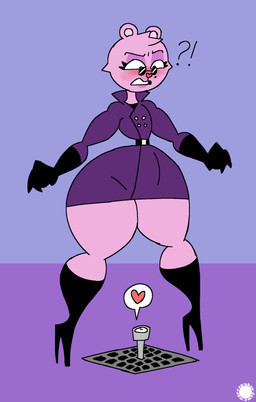 anthro armwear belt blue_pupils blush boots cheek_tuft clothing coat curvy_figure elbow_gloves eyelashes eyeshadow eyewear facial_tuft femboy footwear fur gloves handwear head_tuft heart_nose heart_symbol high_heeled_boots high_heels interrobang knee_boots knee_highs legwear logo looking_down makeup male markings mole_(marking) pink_body pink_fur pupils shoes small_waist solo speech_bubble sunglasses text thick_thighs topwear trenchcoat tuft wasp_waist wide_hips thatdawgmurray happy_tree_friends the_mole_(htf) eulipotyphlan mammal mole_(animal) absurd_res aliasing artist_logo artist_name digital_media_(artwork) hi_res signature