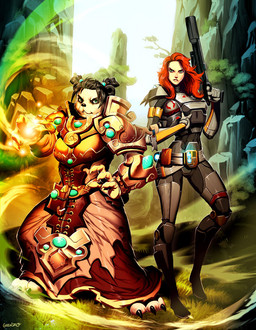 4_fingers anthro armor belt black_hair claws detailed_background duo female fingers fur grass gun hair holding_gun holding_object holding_ranged_weapon holding_weapon looking_at_viewer magic mountain plant plate_armor ranged_weapon red_hair science_fiction smile tree weapon white_body white_fur genzoman blizzard_entertainment star_wars warcraft bear human mammal pandaren cover digital_media_(artwork) magazine_cover