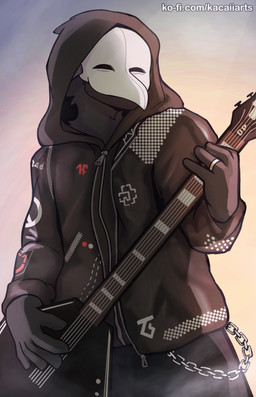 alternative_fashion animal_mask anthro beak_mask black_body black_clothing black_fur black_hoodie black_topwear chain_jewelry clothing digit_ring electric_guitar finger_ring fur guitar hood_up hoodie jewelry male mask musical_instrument plucked_string_instrument punk ring_(jewelry) simple_background solo string_instrument topwear white_mask kacaii rammstein avian bird corvid corvus_(genus) crow oscine passerine absurd_res hi_res
