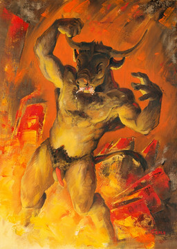 animal_genitalia animal_penis anthro balls body_hair bovine_genitalia bovine_penis brown_body brown_fur chest_hair eyes_closed fire flaccid fur genitals hell horn male nude penis pubes solo tail scale_(artist) european_mythology greek_mythology mythology bovid bovine mammal minotaur 2018 oil_painting_(artwork) painting_(artwork) traditional_media_(artwork) traditional_painting_(artwork)