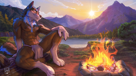 anthro bottomwear campfire clothing lake loincloth male mountianscape outside relaxing solo sunset lion21 the_ardwolf canid canine canis mammal wolf hi_res