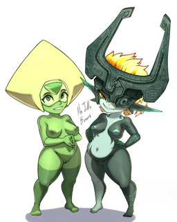areola armor black_body blonde_hair blue_areola blue_nipples breasts clothing duo eyelashes female female_humanoid forehead_gem front_view fused_shadow gem genitals green_areola green_body green_clothing green_eyes green_legwear green_markings green_nipples green_stockings green_thigh_highs grey_body hair hand_on_hip headgear headgear_only helmet helmet_only humanoid_pointy_ears legwear looking_at_viewer markings mostly_nude mostly_nude_female mostly_nude_humanoid nipples nude nude_female nude_humanoid one_eye_obstructed pointy_ears red_eyes shortstack simple_background slightly_chubby slightly_chubby_female slightly_chubby_humanoid small_breasts smile stockings thick_thighs thigh_highs visor vulva white_background wide_hips yellow_sclera mr._jellybeans cartoon_network nintendo steven_universe the_legend_of_zelda twilight_princess midna peridot_(steven_universe) gem_(species) humanoid imp peridot_(gem_species) twili 4:5 crossover hi_res