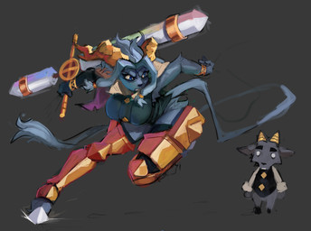 2_horns action_pose anthro antlers armor armpit_hair barefoot big_breasts biped black_clothing black_nose black_topwear black_vest blue_eyes body_hair bottomless bracelet breasts clothed clothed_anthro clothed_female clothed_male clothing dream_breaker_(pseudoregalia) duo eyebrows eyelashes feet female female_anthro female_focus fingers floppy_ears fur gold_(metal) greaves grey_background grey_body grey_fur grey_hair hair holding_melee_weapon holding_object holding_sword holding_weapon hooves horn jewelry leg_armor legwear male melee_weapon monotone_body monotone_fur on_one_leg pose pupils simple_background snout solo_focus standing sword tail tail_tuft topwear tuft vest weapon white_pupils yellow_bracelet yellow_clothing yellow_legwear pajamamcham pseudoregalia butler_(pseudoregalia) sybil_(pseudoregalia) bovid caprine goat jackalope lagomorph leporid mammal rabbit 2024 colored digital_drawing_(artwork) digital_media_(artwork) full-length_portrait hi_res portrait shaded