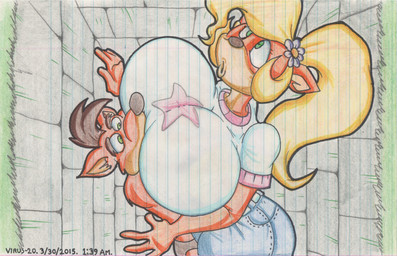anthro big_breasts blonde_hair bottomwear breasts clothing denim denim_bottomwear denim_clothing duo female fur green_eyes hair jeans male orange_body orange_fur pants shirt simple_background stuck topwear white_clothing white_shirt white_topwear virus-20 activision crash_bandicoot_(series) coco_bandicoot crash_bandicoot bandicoot mammal marsupial 2015 traditional_media_(artwork) brother_(lore) brother_and_sister_(lore) sibling_(lore) sister_(lore)