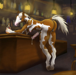 alcohol animal_genitalia animal_penis anthro bent_over beverage blue_eyes bodily_fluids breasts cum detailed_background equine_genitalia equine_penis genital_fluids genitals gynomorph herm hooves intersex leaking_cum looking_at_viewer penis public public_nudity solo suggestive lullaniabby equid equine mammal hi_res