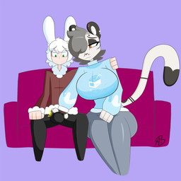 anthro big_breasts bottomwear breasts bulge bulge_grab clothing duo ear_piercing female fur furniture heart_symbol jacket looking_at_bulge male male/female pants piercing sofa sweater tail thick_thighs topwear white_body white_fur aurabutt kai_(bosstones) yvette_(kilinah) animal_humanoid felid feline humanoid lagomorph lagomorph_humanoid leopardus leporid leporid_humanoid mammal mammal_humanoid ocelot rabbit rabbit_humanoid 1:1 hi_res