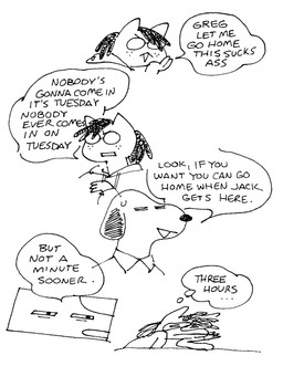 anthro cartoon_freckles dialogue dreadlocks duo eyebrows eyes_closed eyewear female floppy_ears freckled_face freckles glasses hair male narrowed_eyes open_mouth pointy_ears ponytail prick_ears snout speech_bubble squint text thought_bubble gaydottiff greg_(gaydottiff) penny_(gaydottiff) canid canine canis domestic_cat domestic_dog felid feline felis mammal 2023 black_and_white comic english_text hi_res monochrome