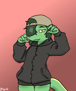 ambiguous_gender anthro backwards_baseball_cap backwards_hat baseball_cap biped bottomless bottomless_ambiguous bottomless_anthro clothed clothing fingers flat_chested green_body green_hair green_scales grey_clothing grey_jacket grey_topwear hair half-closed_eyes hat headgear headwear humanoid_hands jacket looking_at_viewer medium_hair narrowed_eyes neutral_expression red_background scales simple_background solo standing tail text topwear yellow_eyes bicycle_(artist) hold_onto_mi ciro_(tucolewds) compsognathid dinosaur prehistoric_species reptile saurischian scalie scipionyx theropod 5:6 absurd_res artist_name colored half-length_portrait hi_res portrait female_(lore)