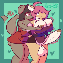 anthro areola areola_slip balls big_balls big_breasts blep bottomless bottomless_anthro bottomless_female bottomless_gynomorph bottomless_intersex breast_grab breasts brown_body brown_fur brown_hair clothed clothing duo erection female female_anthro floppy_ears fur genitals green_body green_scales gynomorph gynomorph_anthro hair hand_on_breast heart_eyes heart_symbol huge_balls huge_breasts intersex intersex_anthro partially_clothed_anthro partially_clothed_gynomorph partially_clothed_intersex penis pink_eyes pink_hair scales standing tail tail_motion tailwag text throbbing throbbing_penis tongue tongue_out waiter nokamiwd rose_(sharkyrosey) aquatic canid canine canis domestic_dog fish mammal shark 1:1 2025 absurd_res artist_name hi_res