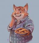 anthro belly clothing dessert food fur kemono male one_eye_closed overweight overweight_male pastry pie shirt simple_background solo topwear wink daihukudokoro disney zootopia gideon_grey canid canine fox mammal red_fox true_fox 2016 digital_media_(artwork)