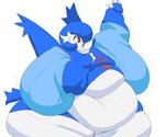 ambiguous_gender belly blue_clothing clothing fusion jiggling morbidly_obese morbidly_obese_ambiguous obese obese_ambiguous overweight overweight_ambiguous pokemon_fusion raised_arm red_eyes simple_background smile solo thick_thighs topwear white_body tdookus nintendo pokemon gardevoir generation_3_pokemon latios legendary_pokemon pokemon_(species) 6:5 absurd_res hi_res