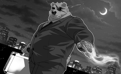 5_fingers anthro belly biped black_nose black_tie_(suit) building cheek_tuft city claws clothed clothing cloud detailed_background elegant eye_patch eyewear facial_tuft fangs fingers fur fur_tuft gesture glowing glowing_eyes half-closed_eyes head_tuft holding_object looking_at_viewer looking_down male moon musclegut muscular muscular_anthro muscular_male narrowed_eyes neck_tuft necktie night side_view sky small_ears small_tail smoke solo standing star starry_sky suit suitcase tail teeth three-quarter_view tuft walking oaks16 bear mammal ursine 2018 character_request digital_drawing_(artwork) digital_media_(artwork) greyscale monochrome portrait three-quarter_portrait