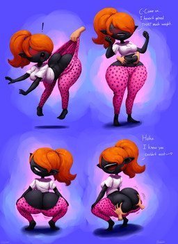barefoot belly_grab big_breasts big_butt black_body blue_background blush bodily_fluids bottom_heavy bottomwear bottomwear_pull bouncing_butt breasts butt butt_cleavage butt_grab clothing clothing_pull crouching dialogue disembodied_hand embarrassed exclamation_point eyeless feet female front_view hair hand_on_butt huge_butt humanoid_pointy_ears lips looking_at_viewer looking_back looking_back_at_viewer navel open_mouth open_smile orange_hair pants pants_pull pattern_bottomwear pattern_clothing pattern_pants pink_bottomwear pink_clothing pink_pants pointy_ears ponytail rear_view simple_background smile smug solo surprised sweat sweatdrop text thick_lips thick_thighs topwear twerking white_clothing white_topwear wide_hips outta_sync asian_mythology east_asian_mythology japanese_mythology level-5 mythology yo-kai_watch chatalie humanoid yokai absurd_res english_text hi_res