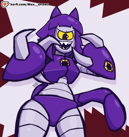 1_eye 3_claws anthro claws female looking_at_viewer low-angle_view machine simple_background solo standing max_draws gameoverse glitch_productions malice_(gameoverse) animal_humanoid cat_humanoid felid felid_humanoid feline feline_humanoid humanoid mammal mammal_humanoid robot robot_anthro cel_shading hi_res shaded