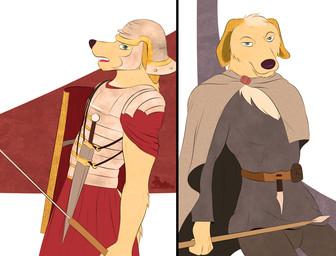 anthro armor cloak clothing comparison german germanic headgear helmet history male melee_weapon military polearm robe roman scutum shield soldier spear sword warrior weapon gangstaguru welof bird_dog canid canine canis domestic_dog hunting_dog labrador mammal retriever