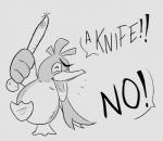 2019 ambiguous_gender avian beak dialogue digital_drawing_(artwork) digital_media_(artwork) english_text eyes_closed farfetch'd feet generation_1_pokemon grey_background greyscale hi_res holding_knife holding_object holding_weapon knife membrane_(anatomy) monochrome nintendo offscreen_character open_mouth open_smile pechi pokemon pokemon_(species) reaction_image simple_background sketch smile solo text toes weapon webbed_feet