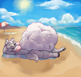 anthro beach beach_towel beach_umbrella belly big_belly big_breasts bikini black_nose breasts clothing day digestion female female_pred fur grey_body grey_fur huge_belly hyper hyper_belly imprint licking licking_lips lying mass_vore multiple_prey on_back parasol pink_bikini pink_clothing pink_swimwear same_size_vore solo swimwear tail tongue tongue_out towel two-piece_swimsuit unseen_prey vore yellow_eyes candycornmaze rayne_(antillion123) canid canine canis mammal wolf 2025 digital_media_(artwork) hi_res