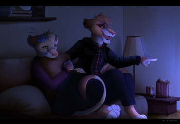 accessory anthro anthrofied black_bars blue_eyes book clothing dark detailed_background duo electronics female female/female flower flower_in_hair food furniture hair hair_accessory inside lamp night plant popcorn purple_eyes scared sofa tail tail_tuft television tuft two_tone_paws vase kitchiki coca-cola disney the_lion_king bahati_whiteclaw vitani_(the_lion_king) felid lion mammal pantherine letterbox