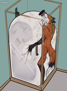 anthro bathing belly belly_inflation big_belly black_body black_fur cheek_tuft dipstick_tail drinking eyes_closed facial_tuft fur gloves_(marking) huge_belly hyper hyper_belly inflation inside leg_markings male male_anthro markings nude open_mouth open_smile orange_body orange_fur shower showering smile socks_(marking) solo standing stuck tail tail_markings three-quarter_view tuft white_body white_fur roobin canid canine fox mammal alternate_version_at_source hi_res