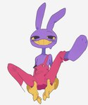 anthro biped black_eyes blush clothed clothing glitch_productions gloves handwear hi_res jax_(tadc) lagomorph leporid looking_at_viewer male mammal orange_sclera purple_body rabbit ramssa solo the_amazing_digital_circus