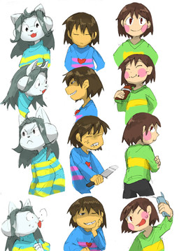 alternate_universe anthro blue_clothing blue_sweater blue_topwear bodily_fluids clothed clothing fur green_clothing green_sweater green_topwear hair open_mouth pattern_clothing pattern_sweater pattern_topwear simple_background striped_clothing striped_sweater striped_topwear stripes sweat sweater topwear white_body white_fur keitou-tztt underswap undertale undertale_(series) chara_(undertale) frisk_(undertale) temmie_(undertale) canid canine felid feline human mammal tem hi_res