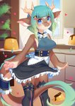absurd_res anthro big_ears breasts clothed clothing dessert digital_media_(artwork) dress exposure_variation female food fur hair heart_symbol hi_res long_tail mammal maromi_(character) niniidawns pawpads paws pudding solo tail