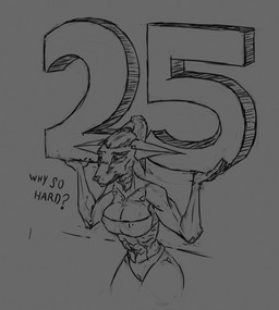 anthro augmented birthday breasts camel_toe clothed clothing cybernetics female hair holding_object lifting_object machine nipple_outline nipples number solo synthetic text the_dark_skull android canid canine canis cyborg jackal mammal robot digital_media_(artwork) guide_lines hi_res monochrome sketch