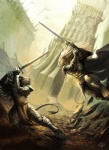 anthro armor banner battle bridge castle duo fantasy male melee_weapon ruins sword tail tower weapon alectorfencer felid lion mammal pantherine hi_res