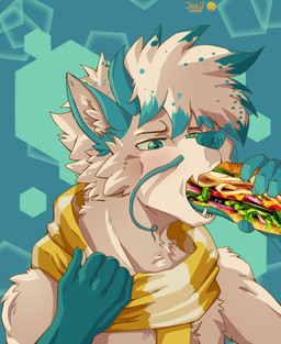 anthro blue_body blue_ears blue_eyes blue_fur blue_hands blue_nose blue_tongue blush fangs food fur hair heterochromia hexagon horn male pattern_background sandwich_(food) scales scarf simple_background solo teeth tongue tongue_out whiskers white_body white_fur white_hair jeku mythology canid canine dragon fox hybrid mammal mythological_creature mythological_scalie scalie absurd_res hi_res