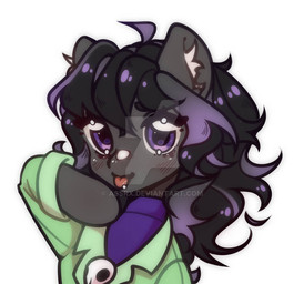 black_body black_fur black_hair clothing dark_hair female fur green_clothing green_jacket green_topwear hair jacket purple_clothing purple_eyes purple_hair purple_shirt purple_topwear raised_hand shirt skull_accessory smile solo tongue tongue_out toony topwear assrx kithiri equid equine horse mammal pony