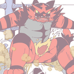 ambiguous_gender anthro duo facesitting fart fart_fetish fur male multicolored_body multicolored_fur open_mouth pseudo_clothing red_body red_fur sitting sitting_on_another smelly stinkface overdoser nintendo pokemon anon felid generation_7_pokemon incineroar mammal pokemon_(species) 1:1 hi_res