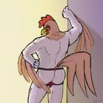 1:1 2017 alexyorim anthro avian beak bird brown_body brown_feathers chicken clothed clothing feathered_wings feathers galliform gallus_(genus) head_crest heart_symbol hi_res holidays jockstrap looking_at_viewer looking_back male muscular muscular_anthro muscular_male phasianid rear_view skimpy solo tail tail_feathers topless underwear valentine's_day white_body white_feathers wings
