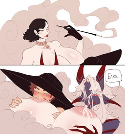 2_horns 5_fingers areola arm_tuft big_areola big_breasts big_iris big_nipples black_clothing black_eyebrows black_gloves black_hair black_handwear black_hat black_headwear black_sun_hat black_text blue_eyes blush blush_lines blushing_profusely bodily_fluids body_blush breast_blush breast_grab breast_play breast_suck breastmilk breasts brown_eyebrows brown_hair canon_x_oc cheek_tuft cigarette cigarette_holder cigarette_smoke claws clothing collarbone dark_body dark_fur dark_hair ear_piercing ear_ring ear_tuft ears_aside ellipsis eyebrow_through_hair eyebrows eyelashes eyes_mostly_closed eyeshadow facial_tuft female female_human female_on_humanoid finger_claws fingers fur fur_tuft glistening glistening_areola glistening_body glistening_breasts glistening_face glistening_skin gloves group group_sex hair hand_on_another's_breast hand_on_breast handwear hat hat_only headgear headgear_only headwear headwear_only holding_cigarette holding_object horn huge_areola huge_breasts human_on_human human_on_humanoid interspecies intraspecies iris jewelry kiss_mark kiss_mark_on_face lactating light_body light_hair light_nipples light_skin lips long_eyebrows long_eyelashes looking_at_another looking_at_another's_breasts looking_at_breasts looking_at_partner looking_down looking_down_at_another looking_down_at_breasts looking_down_at_partner looking_pleasured makeup male male/female male_human male_humanoid male_on_human mature_female mature_human milk milk_on_breasts milk_on_face mmf mmf_threesome monotone_hair mostly_nude mostly_nude_female mostly_nude_human mostly_nude_male multicolored_body multicolored_ears multicolored_fur multicolored_horn narrowed_eyes necklace nipples no_pupils not_furry nude nude_humanoid nude_male one_eye_closed pale_skin pendant piercing pink_areola pink_blush pink_eyeshadow pink_nipples pointy_nose polygonal_speech_bubble profanity puffy_areola pupils purple_body purple_ears purple_fur purple_horn red_blush red_body red_claws red_ears red_fur red_horn red_lips red_pupils red_sclera ring_piercing sex short_hair shoulder_tuft simple_background smile smoke speech_bubble sucking sun_hat sun_hat_only text thick_eyebrows thick_lips three-quarter_view threesome translucent translucent_hair trio tuft two_tone_body two_tone_ears two_tone_fur two_tone_horn white_background white_eyebrows white_eyelashes white_eyes white_sclera white_speech_bubble yellow_eyes teazynekit capcom resident_evil alcina_dimitrescu demon demon_humanoid horned_humanoid human humanoid mammal 2025 2koma comic digital_drawing_(artwork) digital_media_(artwork) english_description russian_text