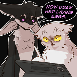 4_ears ambiguous_gender anthro apple_pencil asking beak belly big_ears black_background black_beak black_body black_ears black_feathers black_fur black_hair black_hands black_sclera black_tail bodily_fluids chest_tuft constricted_pupils countershade_body countershade_face countershade_fur countershade_torso countershading demanding dialogue drawing_(action) drawing_tablet duo ears_down electronics feather_hands feather_tuft feathered_wings feathers fingers fluffy front_view fur grey_body grey_feathers hair head_tuft heart_(marking) holding_object holding_pen humor long_ears looking_at_another male male_anthro markings multi_ear multicolored_body multicolored_feathers multicolored_fur nervous nude nude_anthro open_mouth outline pen pivoted_ears pupils purple_eyes purple_text simple_background small_pupils speech_bubble standing stare surprised sweat sweatdrop tablet_computer tail talking_to_another text tuft two_tone_body two_tone_fur white_belly white_body white_countershading white_face white_feathers white_fur white_inner_ear white_outline wide_eyed winged_arms wings yellow_eyes rozalid apple_inc. ipad now_draw_her_giving_birth fyr_(fenrir784) scandiowlcus avali avian bird owl true_owl 2026 colored digital_drawing_(artwork) digital_media_(artwork) english_text half-length_portrait hi_res meme portrait shaded simple_shading