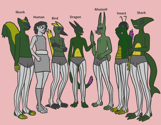 anthro clothing green_body grey_body grey_clothing grey_skin group legwear male pinstripe_clothing stirrup_legwear stirrup_stockings stockings tail tail_hand unusual_anatomy unusual_tail trinitite mythology alban_(trinitite) ahuizotl arthropod avian dragon fish human insect mammal marine mephitid mythological_creature mythological_scalie scalie shark skunk