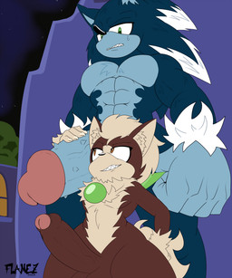 anthro balls big_balls big_muscles big_pecs big_penis bodily_fluids claws duo erection fist foreskin furrowed_eyebrows genitals glans huge_penis humanoid_genitalia humanoid_penis imminent_sex larger_male male messy_fur muscular muscular_male nervous nervous_sweat partially_retracted_foreskin pecs penis penis_grab public public_nudity sharp_teeth size_difference smaller_male smug_grin spiked_penis spikes spikes_(anatomy) sweat sweatdrop teeth flamez sega sonic_the_hedgehog_(series) sonic_unleashed chip_(sonic) sonic_the_hedgehog sonic_the_werehog canid canine canis chihuahua domestic_dog eulipotyphlan european_hedgehog gaia hedgehog mammal toy_dog werecanid werecreature wereeulipotyphlan werehog 2025 5:6 absurd_res hi_res