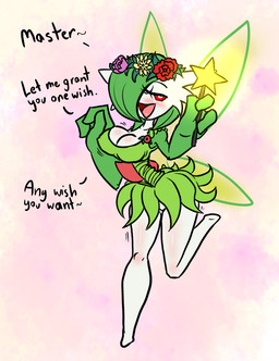 big_breasts breasts cleavage clothed clothing dress featureless_feet feet female flower green_hair hair looking_at_viewer master ownership plant pokemorph red_eyes smile solo text wand conditional_dnp teckworks nintendo pokemon fairy gardevoir generation_3_pokemon mammal pokemon_(species) 2013 english_text