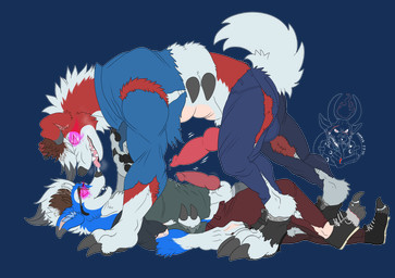 animal_genitalia animal_penis anthro blue_body blue_fur bodily_fluids bottomwear canine_genitalia canine_penis clothing duo erection feet footwear fur genital_fluids genitals knot knotted_penis looking_at_another male male/male pants penis precum red_body red_fur red_penis shoes species_transformation torn_clothing transformation white_body white_fur justinfox nintendo pokemon generation_7_pokemon lycanroc midnight_lycanroc pokemon_(species) shiny_pokemon 2019 alpha_channel hi_res