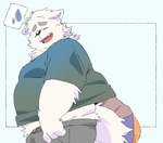 anthro belly bodily_fluids bottomwear clothing duo eyes_closed kemono male overweight overweight_male pants shirt simple_background sweat topwear inunoshippo canid canine canis domestic_dog mammal 2024 hi_res