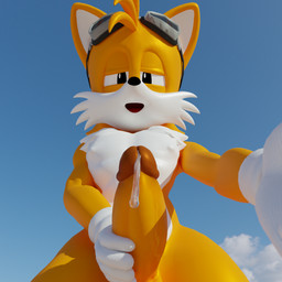 anthro big_penis bodily_fluids brown_glans clothing dripping erection eyewear eyewear_on_head genital_fluids genitals glans gloves goggles goggles_on_head handwear looking_down looking_pleasured male masturbation nude outside penile penile_masturbation penis precum precum_drip sky smile solo undressed white_clothing white_gloves white_handwear yellow_body dommonado hiroshisan_(modeler) kabalmystic_(modeler) sega sonic_the_hedgehog_(series) miles_prower canid canine fox mammal 1:1 3d_(artwork) absurd_res blender_(artwork) digital_media_(artwork) hi_res portrait