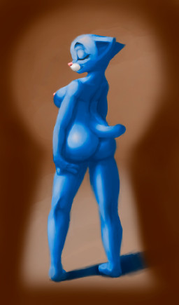 anthro blue_body blue_fur breasts brown_background butt butt_pose eyes_closed female fur mature_anthro mature_female nipples nude pose rear_view simple_background solo standing ceasertf_(artist) cartoon_network the_amazing_world_of_gumball nicole_watterson domestic_cat felid feline felis mammal 2015