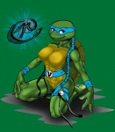 anthro biped blue_eyes breasts female kneeling nipple_outline non-mammal_breasts smile solo netcro teenage_mutant_ninja_turtles the_next_mutation venus_de_milo_(tmnt) reptile scalie turtle