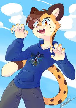 5_fingers anthro blue_sky bottomwear brown_ears brown_hair cheek_spots claws clothed clothing cloud countershading dipstick_tail fangs fingers freckled_face freckles fur fur_tuft gesture hair hoodie looking_at_viewer male markings orange_eyes outside pants pockets print_clothing print_topwear shirt sky solo spots spotted_markings spotted_tail sweater tail tail_markings teeth topwear tuft yellow_body yellow_fur lewott breath_of_the_wild nintendo the_legend_of_zelda pommyn64 revali felid feline mammal serval absurd_res hi_res signature