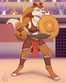 accessory anthro armor audience bikini_armor blue_eyes bottomwear breasts brown_body brown_fur clothing countershading exposure_variation female fur gladiator group headband jewelry melee_weapon midriff necklace road rovers shield skirt solo sword unconvincing_armor warrior weapon white_body white_fur sacrificabominat road_rovers colleen_(road_rovers) canid canine canis domestic_dog husky mammal nordic_sled_dog spitz absurd_res hi_res