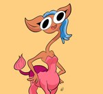 big_ears black_eyes blue_hair brown_body female hair hand_on_hip long_hair long_neck open_mouth orange_background pink_body simple_background solo tail tail_tuft tuft jaqartdood centaurworld netflix glendale_(centaurworld) antelope bovid gerenuk gerenuk_taur mammal taur true_antelope 2022 digital_media_(artwork) signature