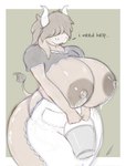 anthro apron areola big_areola big_breasts bodily_fluids breast_milking breasts bucket clothing container female hair hair_over_eyes horn huge_breasts lactating milk_leaking solo swolptr bovid bovine cattle mammal hi_res