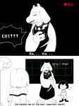 2016 3:4 alternate_universe ambiguous_gender anthro boss_monster_(undertale) bovid caprine chara_(undertale) clothing english_text female frisk_(undertale) fur group hrdrifter human mammal simple_background text toriel understage undertale undertale_(series) white_body white_fur